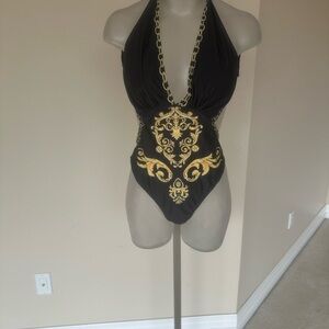 Chic Black and Gold Halter Swimsuit